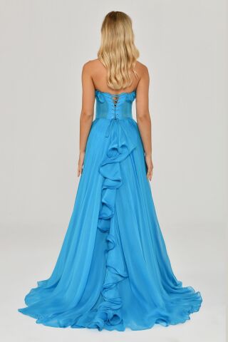 Straplez Fırfırlı Çift Yırtmaçlı Şifon Uzun Elbise A.TURKUAZ - 38