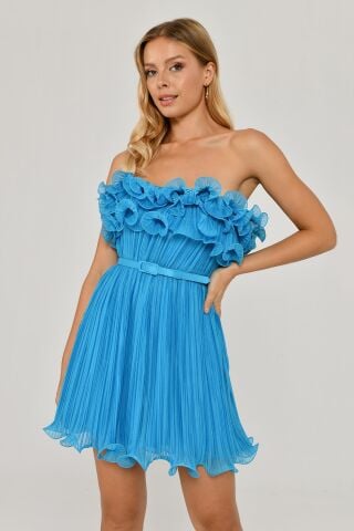 Straplez Piliseli Şifon Kısa Elbise A.TURKUAZ - 38