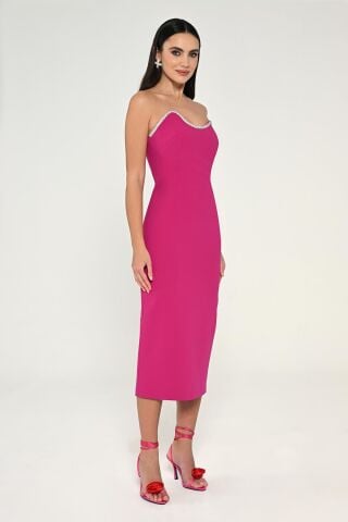 Straplez Şerit Aksesuarlı Krep Midi Elbise Fuşya - 40