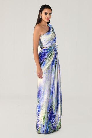 Tek Omuz Şifon Şallı Desenli Saten Uzun Elbise MOR / YEŞİL - 38