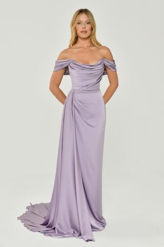Düşük Omuz Yandan Yırtmaçlı Saten Uzun Elbise AÇIK LİLA - 40