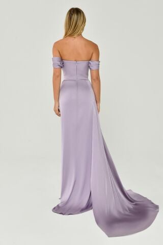 Düşük Omuz Yandan Yırtmaçlı Saten Uzun Elbise AÇIK LİLA - 40