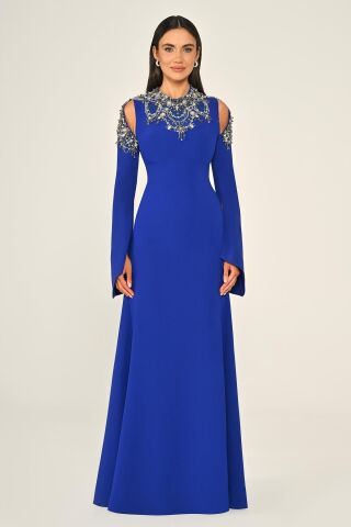 İşlemeli Üst Uzun Kollu Krep Uzun Elbise SAKS - 44