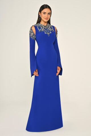 İşlemeli Üst Uzun Kollu Krep Uzun Elbise SAKS - 44