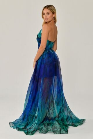 Kayık Yaka Desenli Tül Uzun Elbise SAKS / YEŞİL - 38