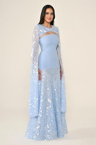 Şal Kol Payetli Pullu Üstü Krep Uzun Elbise AÇIK MAVİ - 44