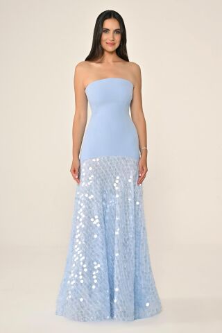 Şal Kol Payetli Pullu Üstü Krep Uzun Elbise AÇIK MAVİ - 44