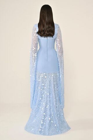 Şal Kol Payetli Pullu Üstü Krep Uzun Elbise AÇIK MAVİ - 44