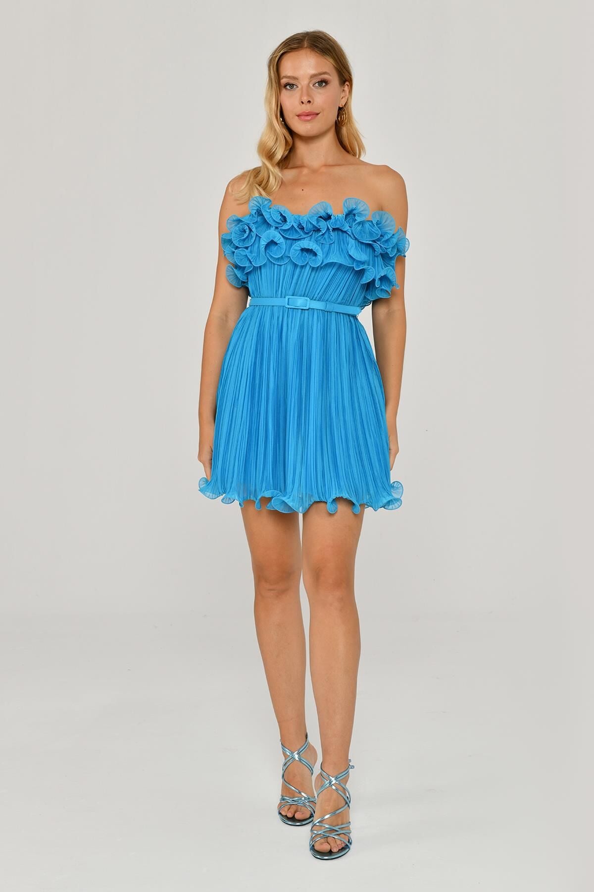 Straplez Piliseli Şifon Kısa Elbise A.TURKUAZ - 40