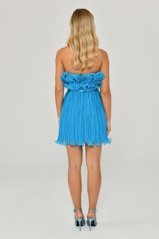 Straplez Piliseli Şifon Kısa Elbise A.TURKUAZ - 40