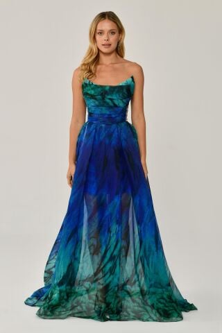 Kayık Yaka Desenli Tül Uzun Elbise SAKS / YEŞİL - 40