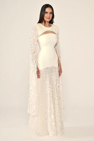 Şal Kol Payetli Pullu Üstü Krep Uzun Elbise EKRU - 44