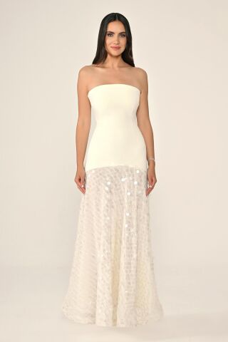 Şal Kol Payetli Pullu Üstü Krep Uzun Elbise EKRU - 44