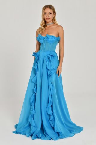 Straplez Fırfırlı Çift Yırtmaçlı Şifon Uzun Elbise A.TURKUAZ - 42
