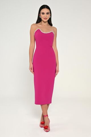 Straplez Şerit Aksesuarlı Krep Midi Elbise Fuşya - 46