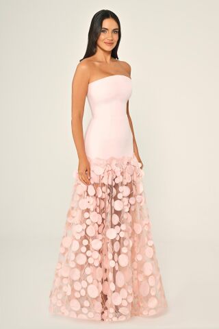 Straplez Üst Krep Eteği 3 Boyutlu Tül Uzun Elbise Pembe - 44