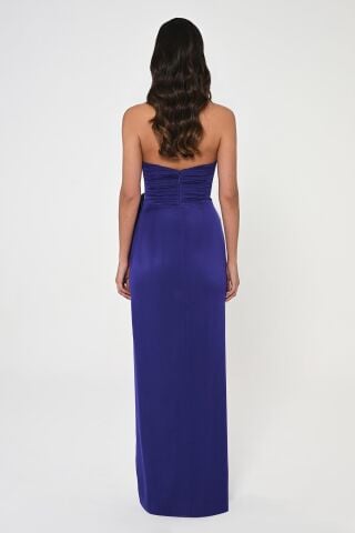 Straplez Üst Pliseli Yandan Yırtmaçlı Şifon Uzun Elbise KOYU MOR - 40