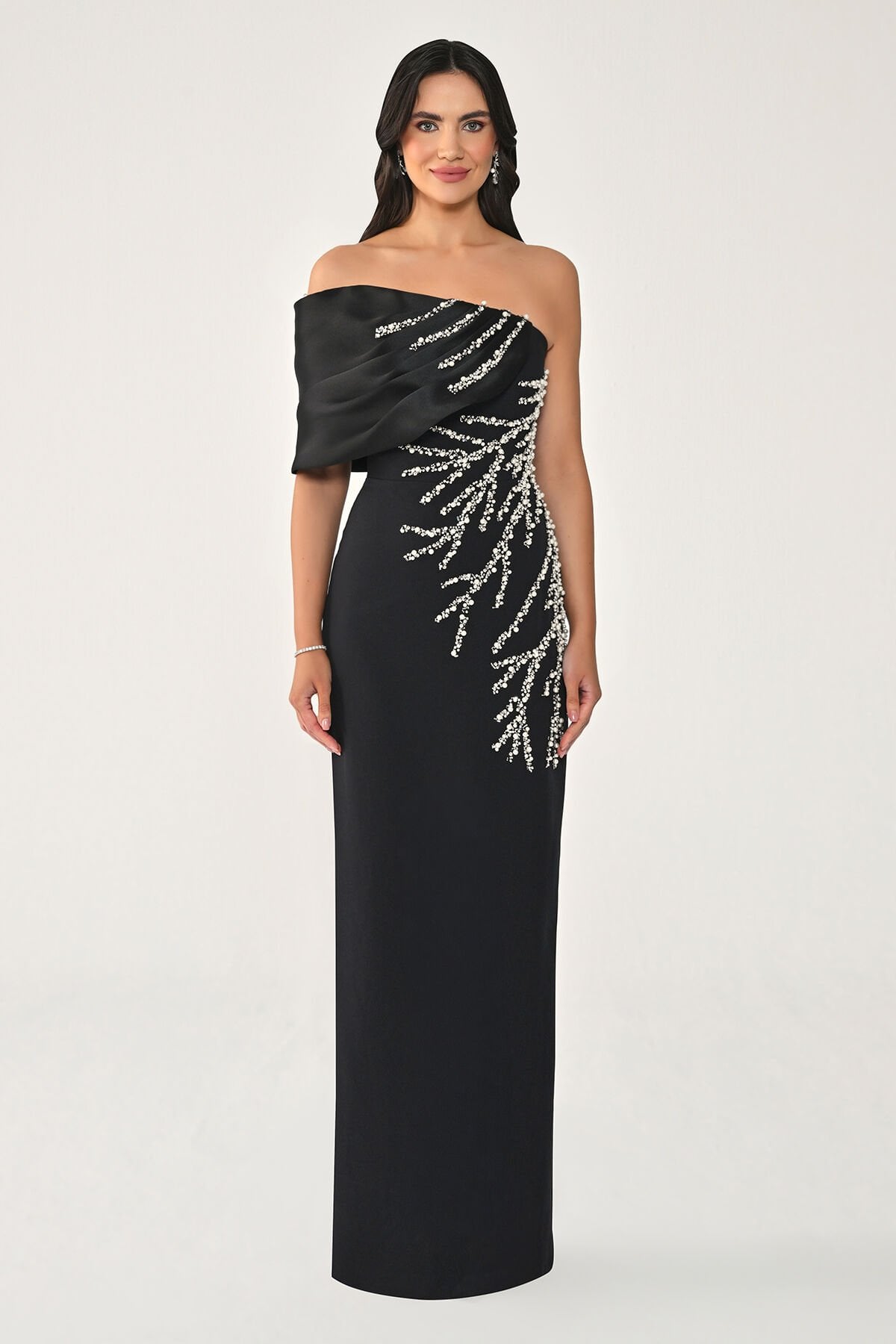 Tek Omuz Taşlı Uzun Elbise