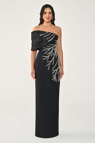 Tek Omuz Taşlı Uzun Elbise