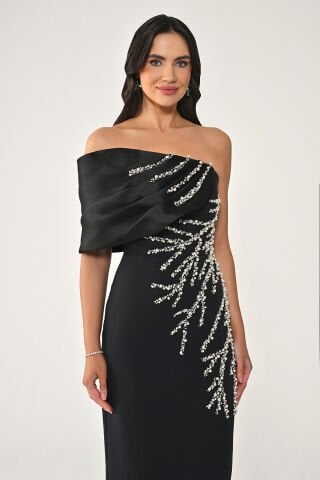 Tek Omuz Taşlı Uzun Elbise