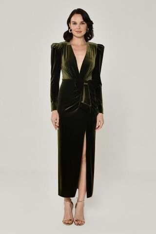 Uzun Kol Derin V Yaka Kadife Midi Elbise Nefti - 40