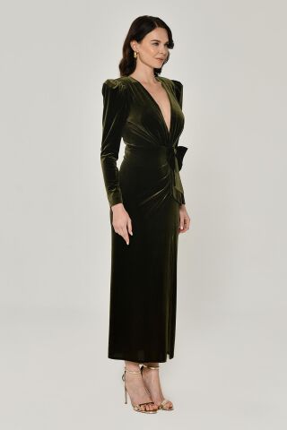 Uzun Kol Derin V Yaka Kadife Midi Elbise Nefti - 40