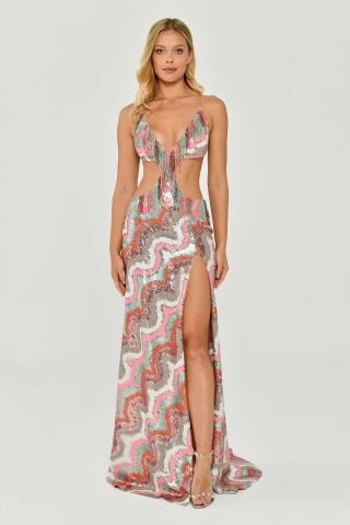 Low-cut Sequined Long Dress with Fringe and Bead Accessories PINK WAVE - 38
