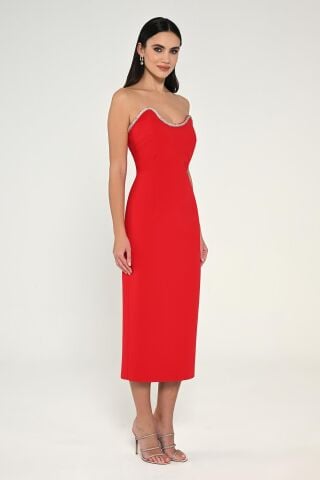 Straplez Şerit Aksesuarlı Krep Midi Elbise Kırmızı - 44