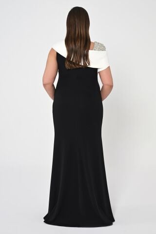 İşlemeli Omuz Saten Yaka Krep Uzun Elbise SİYAH / BEYAZ - 42