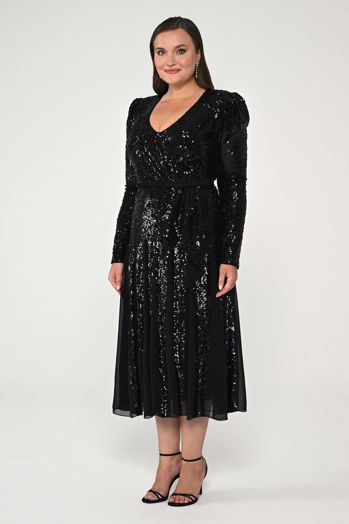 V Yaka Uzun Kollu Payet Midi Elbise