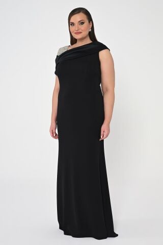 İşlemeli Omuz Saten Yaka Krep Uzun Elbise SİYAH / SİYAH - 42