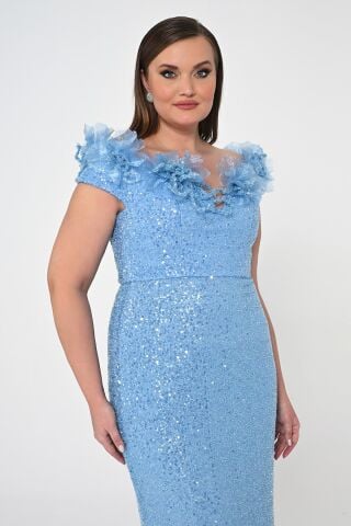 Çiçekli Kayık Yaka Payet Uzun Elbise MAVİ - 48