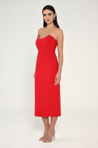 Straplez Şerit Aksesuarlı Krep Midi Elbise Kırmızı - 40