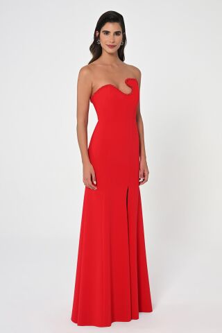 Straplez Üst Taşlı Asimetrik Kesim Krep Uzun Elbise Kırmızı - 36