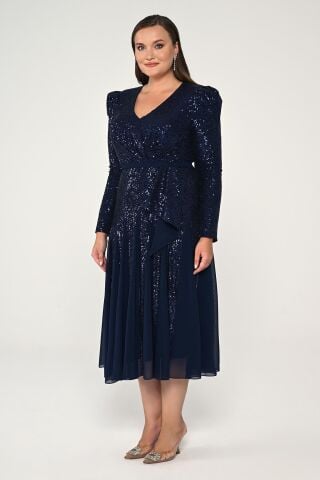 V Yaka Uzun Kollu Payet Midi Elbise Lacivert - 44