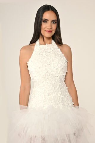 Halter Yaka Üst 3 Boyut Çiçekli Eteği Katlı Tül Uzun Elbise