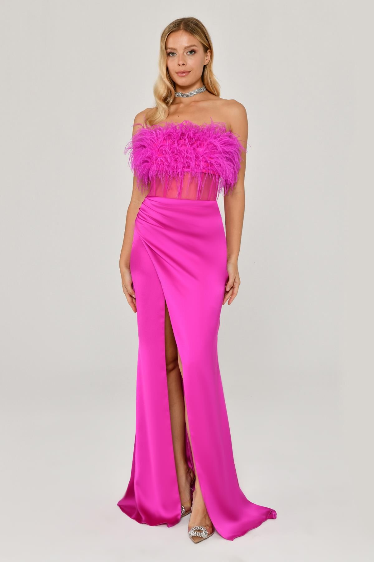 Straplez Otrişli Korse Transparan Bel Saten Uzun Elbise Fuşya - 38