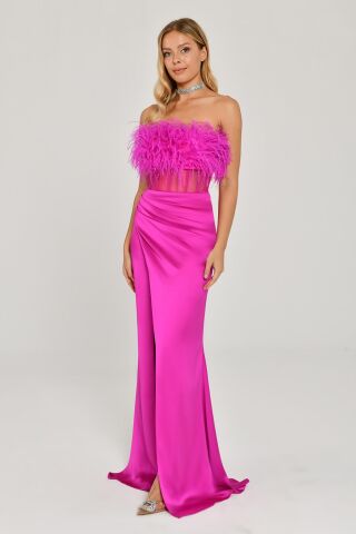 Straplez Otrişli Korse Transparan Bel Saten Uzun Elbise Fuşya - 38