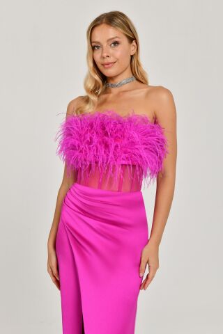 Straplez Otrişli Korse Transparan Bel Saten Uzun Elbise Fuşya - 38