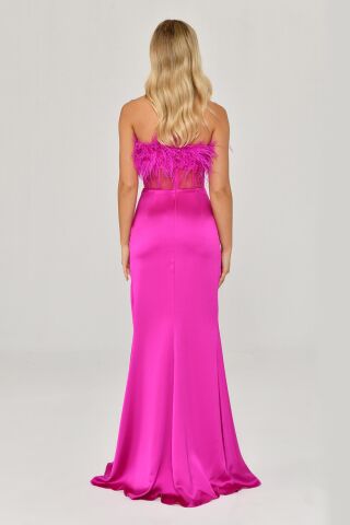 Straplez Otrişli Korse Transparan Bel Saten Uzun Elbise Fuşya - 38