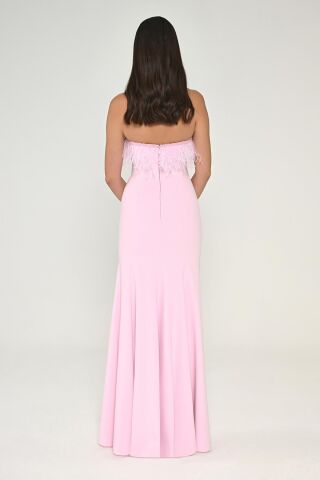 Straplez Üst Tüylü Asimetrik Kesim Krep Uzun Elbise Pembe - 38