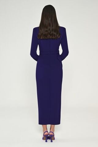 Uzun Kollu Vatkalı V Yaka Önden Yırtmaçlı Midi Elbise Mor - 40