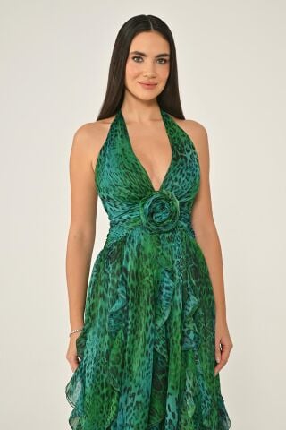 V Yaka Katlı Etek Şifon Uzun Elbise