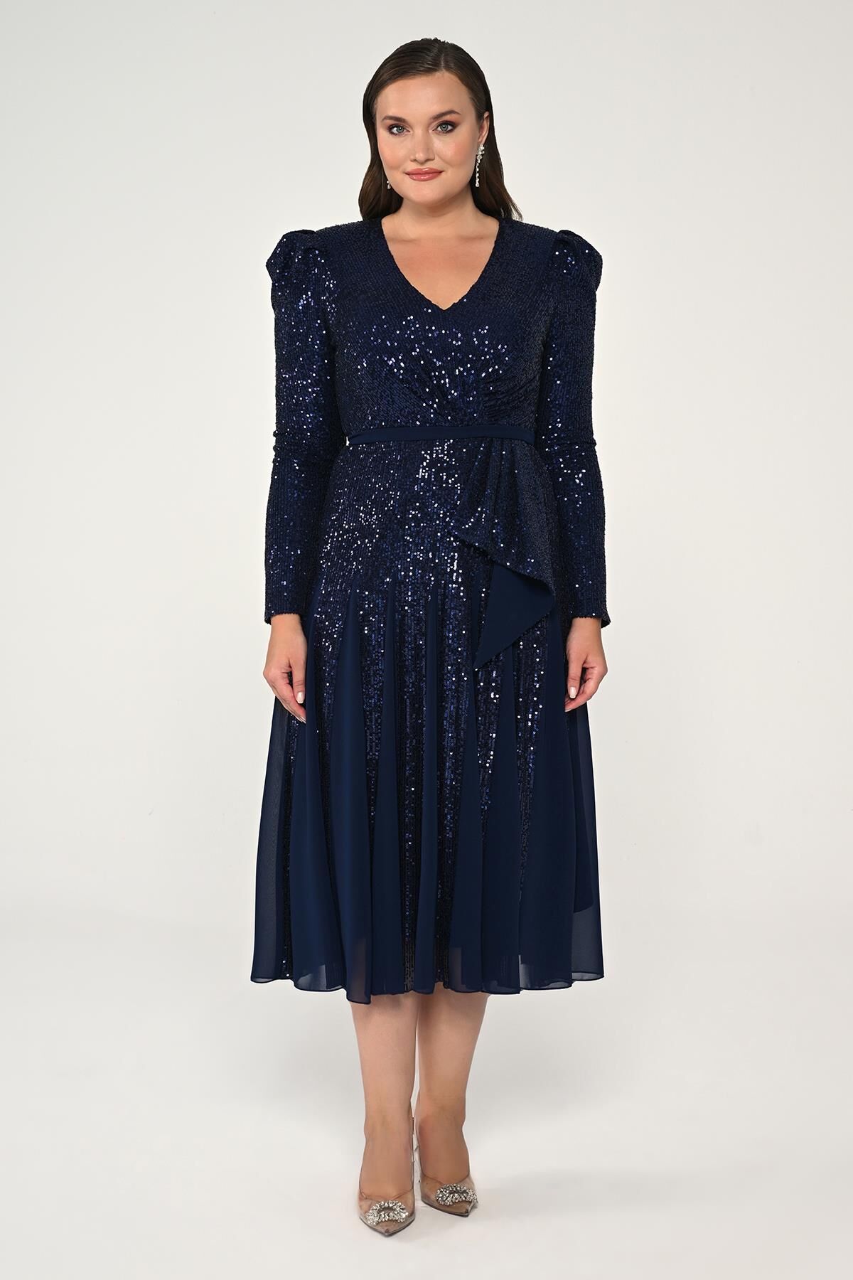 V Yaka Uzun Kollu Payet Midi Elbise Lacivert - 46
