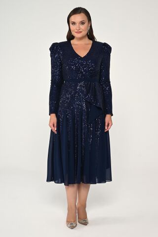 V Yaka Uzun Kollu Payet Midi Elbise Lacivert - 46