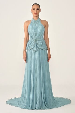 Halter Yaka Sırt Dekolteli Taşlı Piliseli Şifon Uzun Elbise