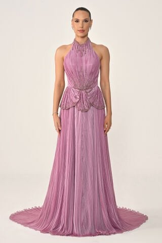 Halter Yaka Sırt Dekolteli Taşlı Piliseli Şifon Uzun Elbise