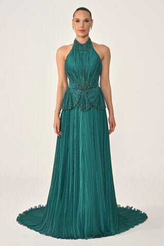 Halter Yaka Sırt Dekolteli Taşlı Piliseli Şifon Uzun Elbise