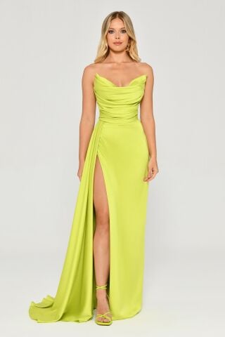 Kayık Yaka Yırtmaçlı Saten Elbise ELMA YEŞİLİ - 40