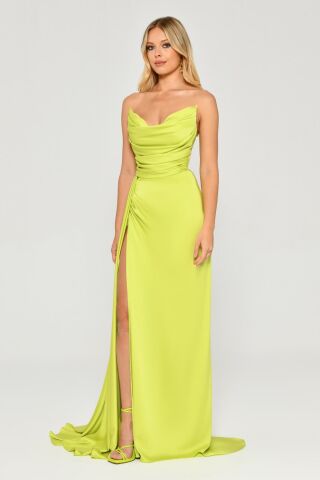 Kayık Yaka Yırtmaçlı Saten Elbise ELMA YEŞİLİ - 40